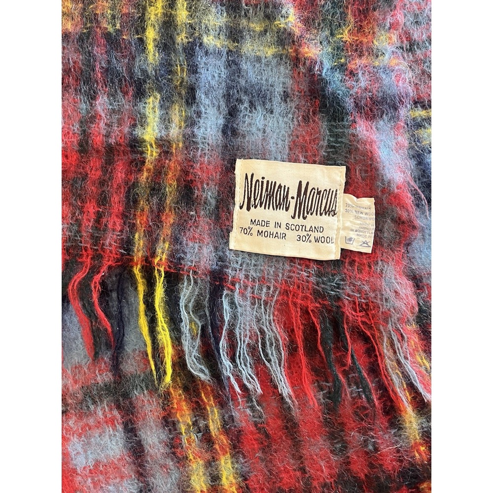 Vintage Neiman Marcus Mohair Wool Blanket Throw Plaid Fringe Made in Scotland